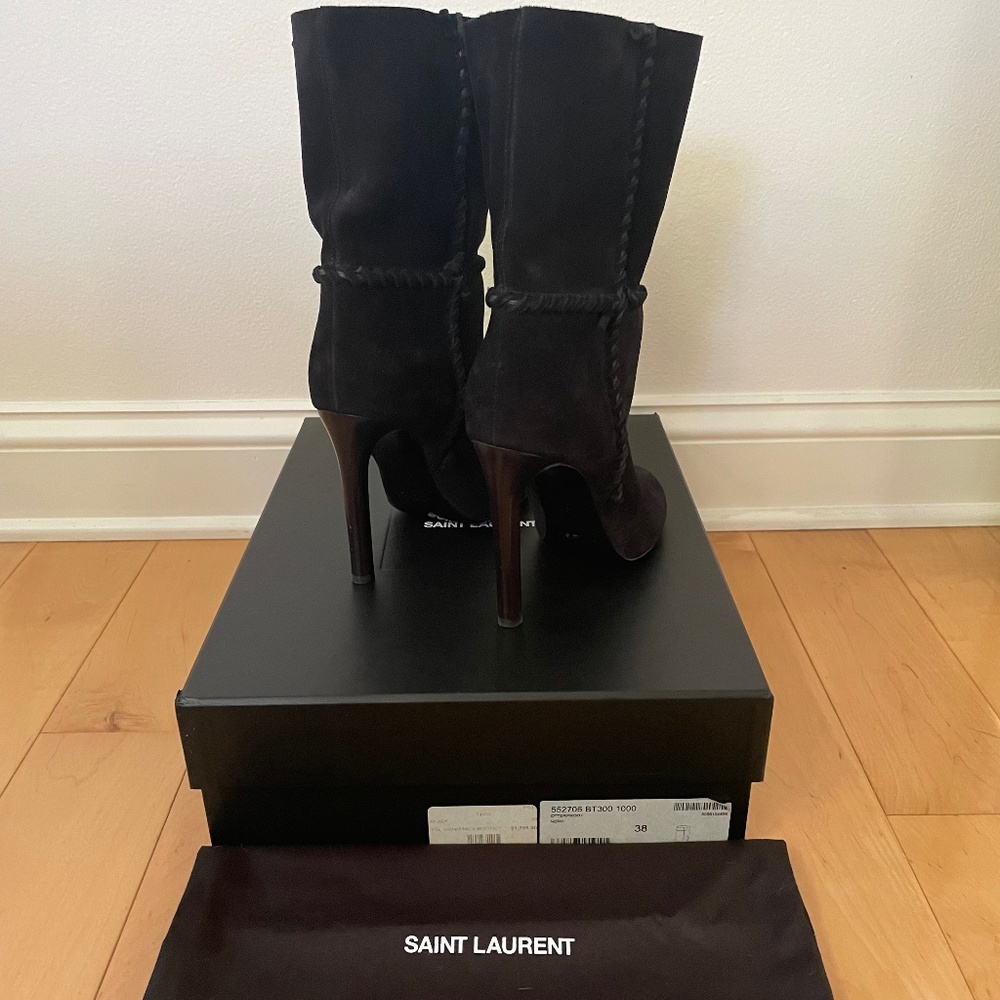 Saint Laurent Mica 105mm Black Suede Whipstitch Ankle Booties 38 IT - Picture 5 of 9